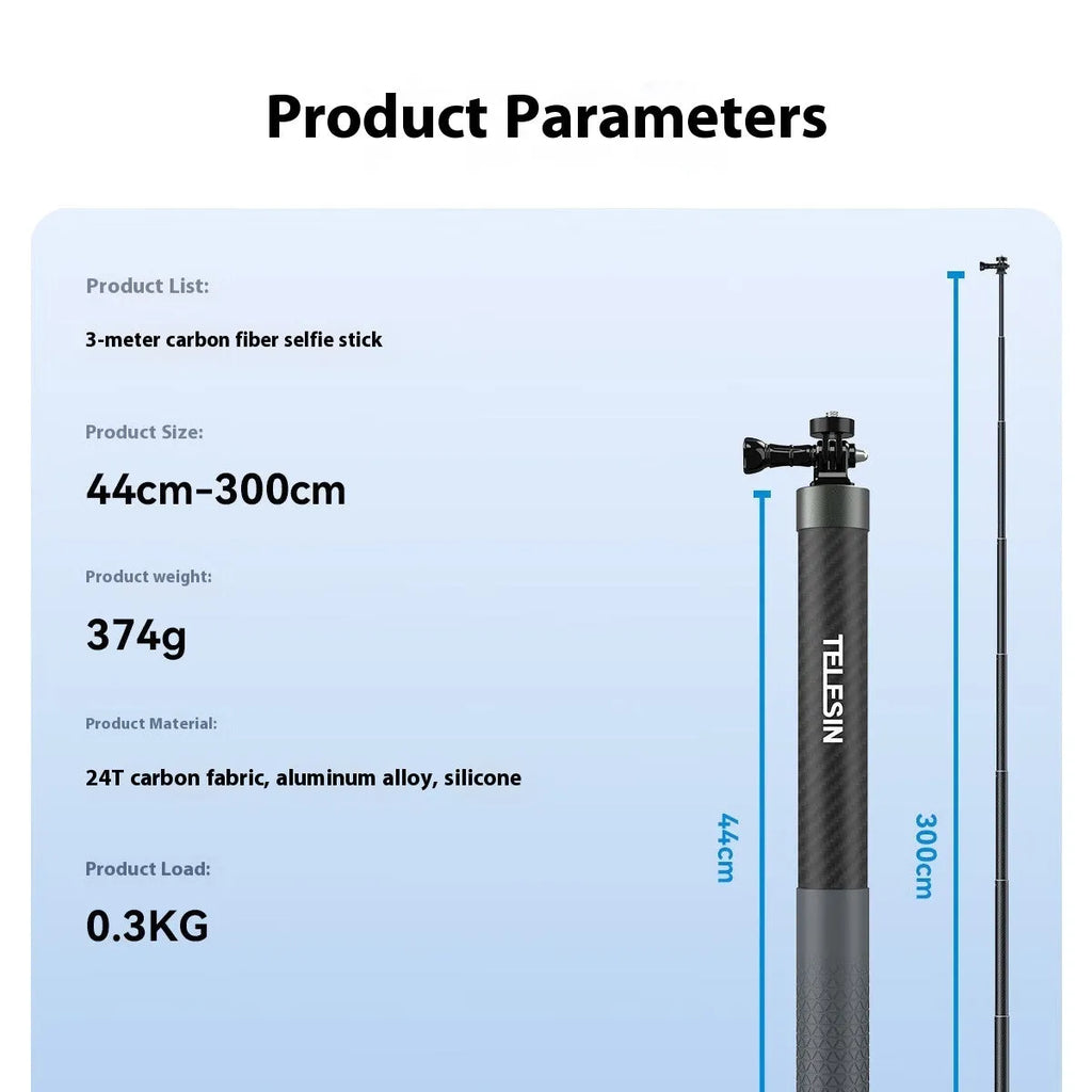 3m carbon fibre super long invisible selfie stick extended to 296cm, black carbon fibre shaft