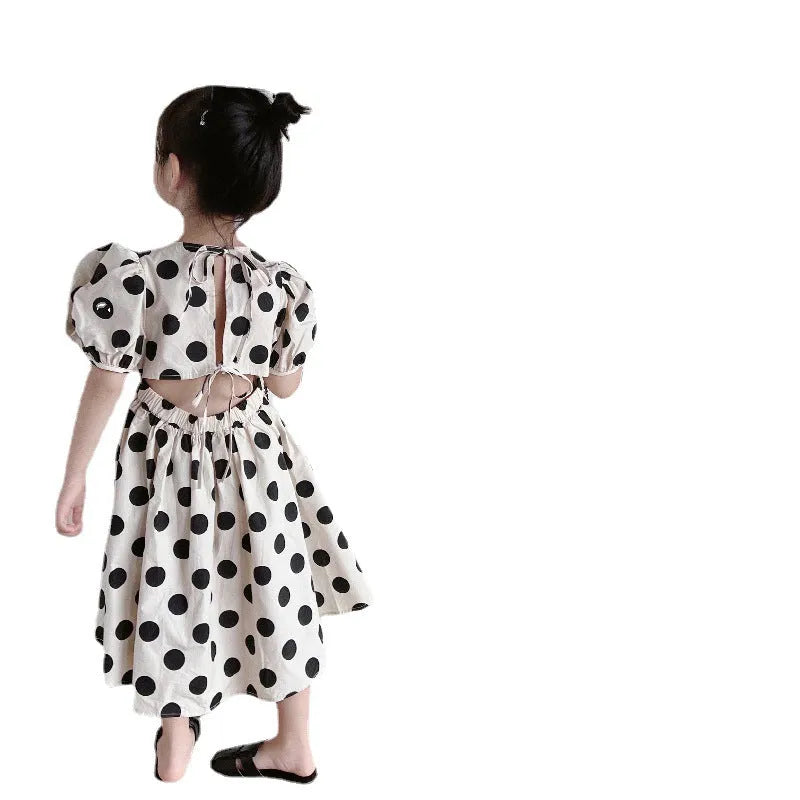 Girls' polka-dot self-tie waist cotton summer dress in graph colour with short sleeves and princess style