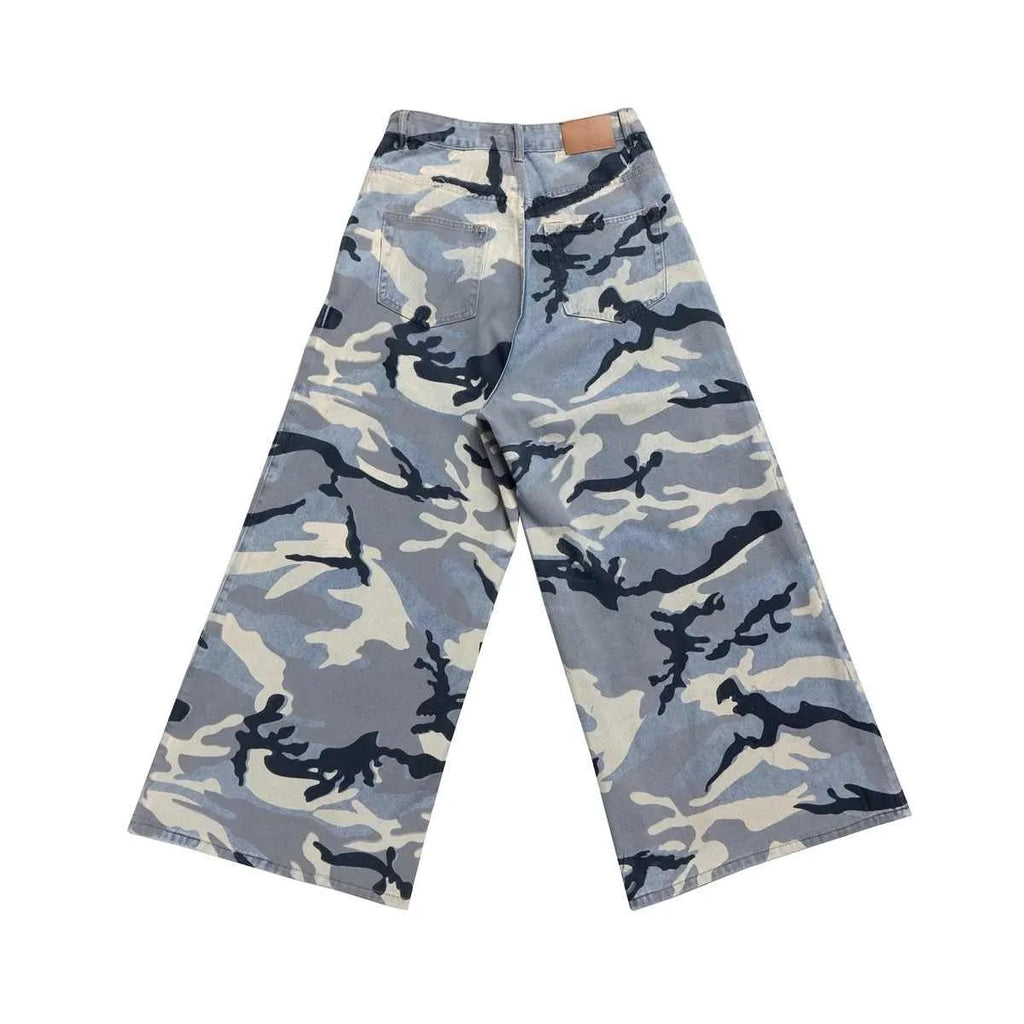 Snow camouflage blue loose fit jeans showing front and back views with mid waist design