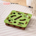 Square green brown felt cat toy box with a round hole in the centre.