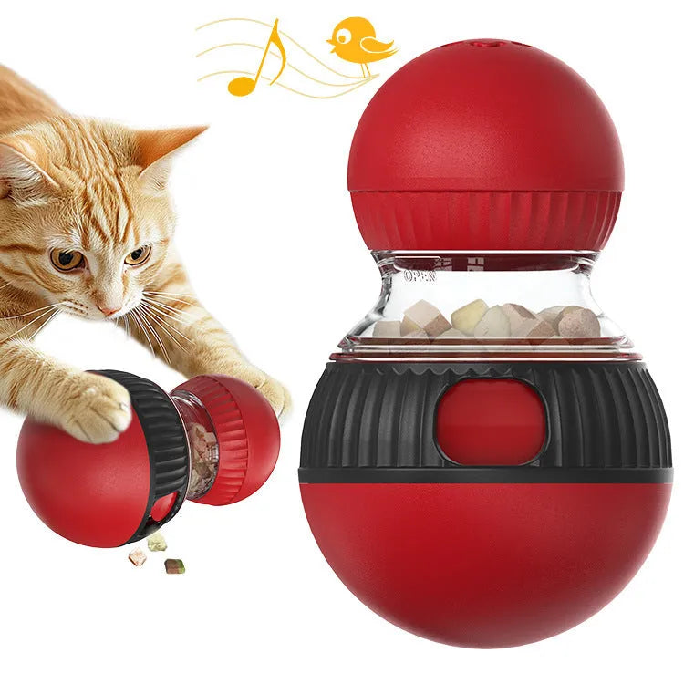 Rotating cat food dropping ball toy with toy cat design and super ball colour option