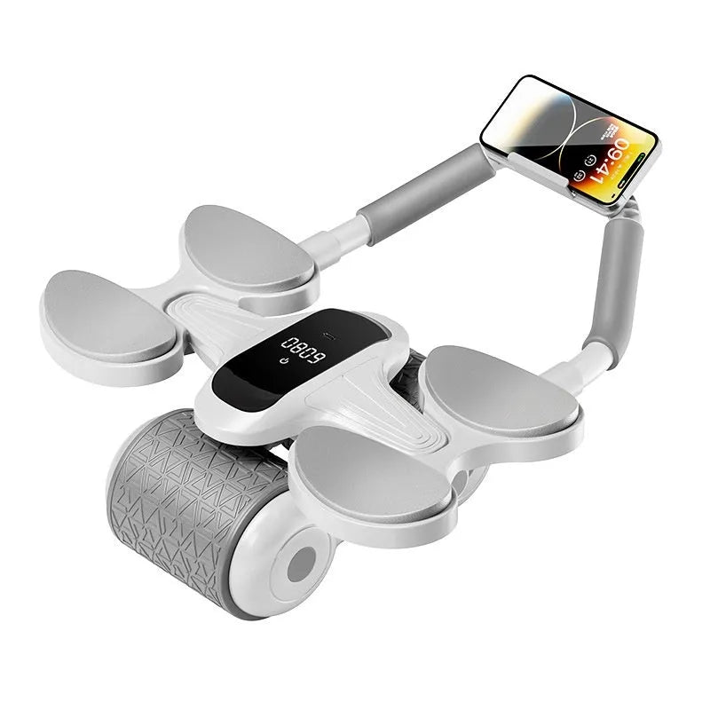 White fitness roller equipment with LED timing screen for belly exercises