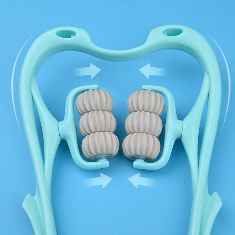Blue plastic handheld massager with six black rollers for neck, shoulder, and back.
