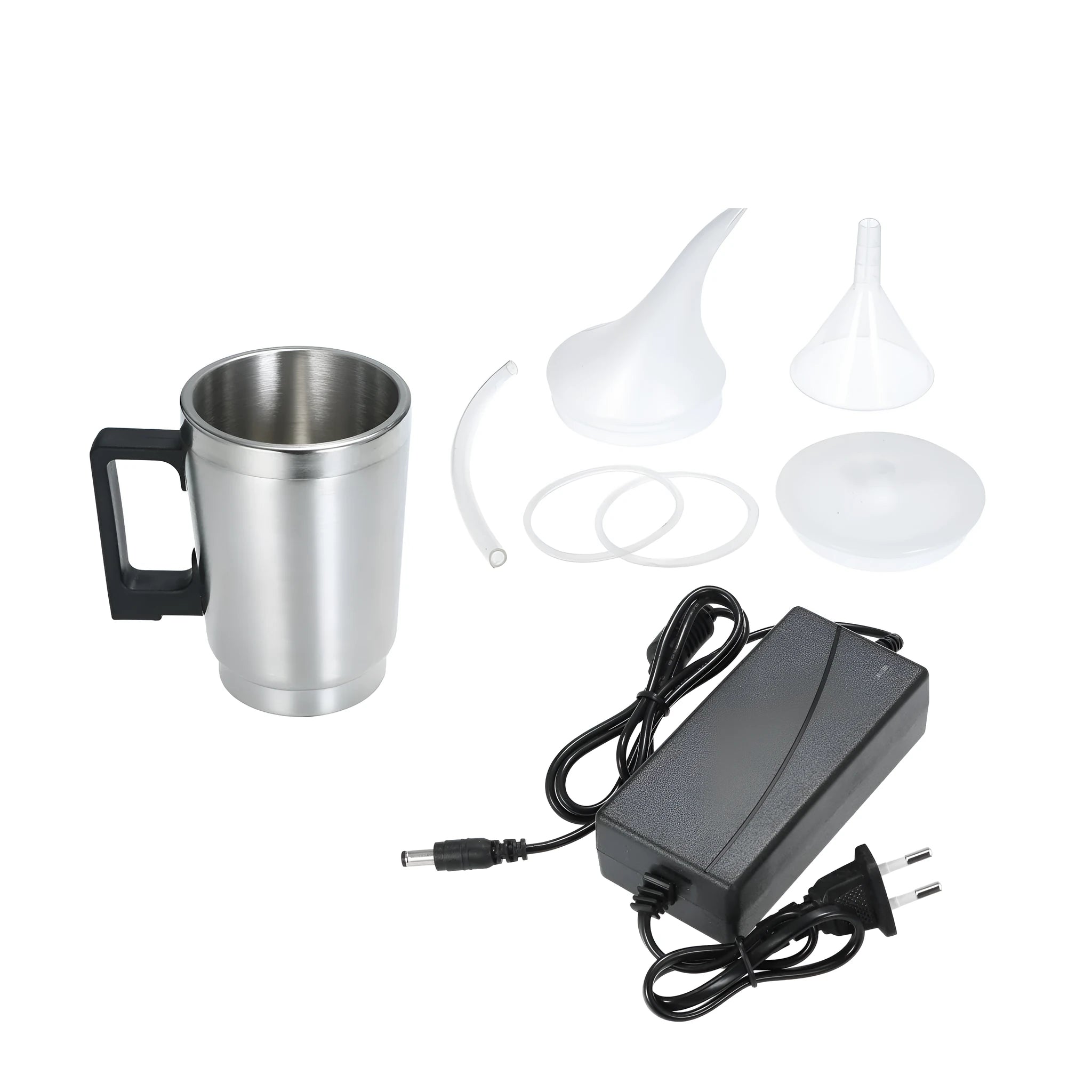 Automobile headlamp restoration kit showing stainless steel cups with elbow covers and power adapters