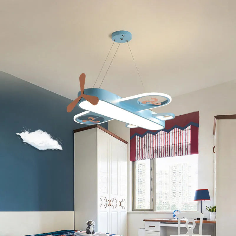 Blue or pink cartoon plane LED chandelier with iron frame and aluminium alloy body for children's room ceiling