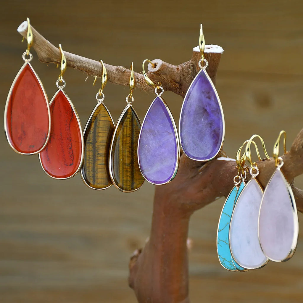 Vintage stone drop earrings in Tigereye with manual craftsmanship and water droplet shape