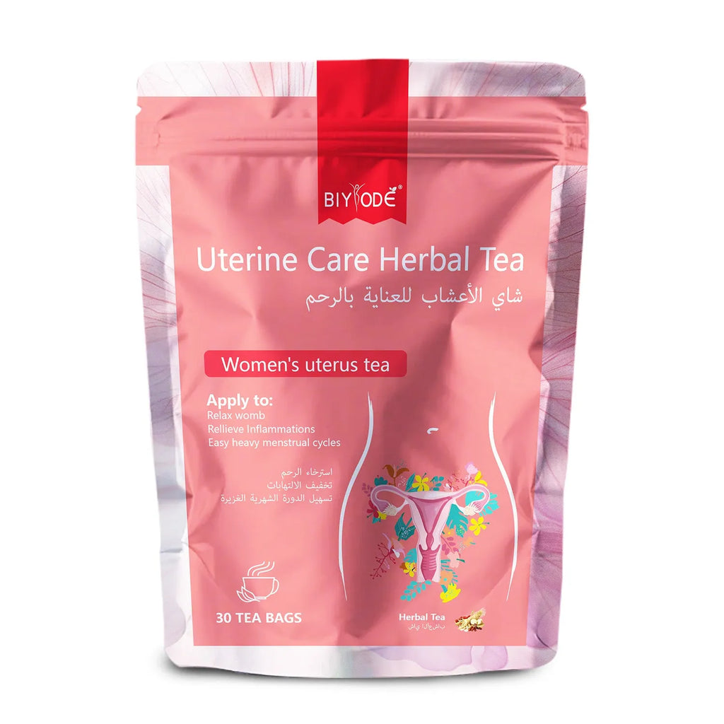 Bottle of uterine care herbal tea with 30 tea bags, GMP and HALAL certified, for women's daily wellness