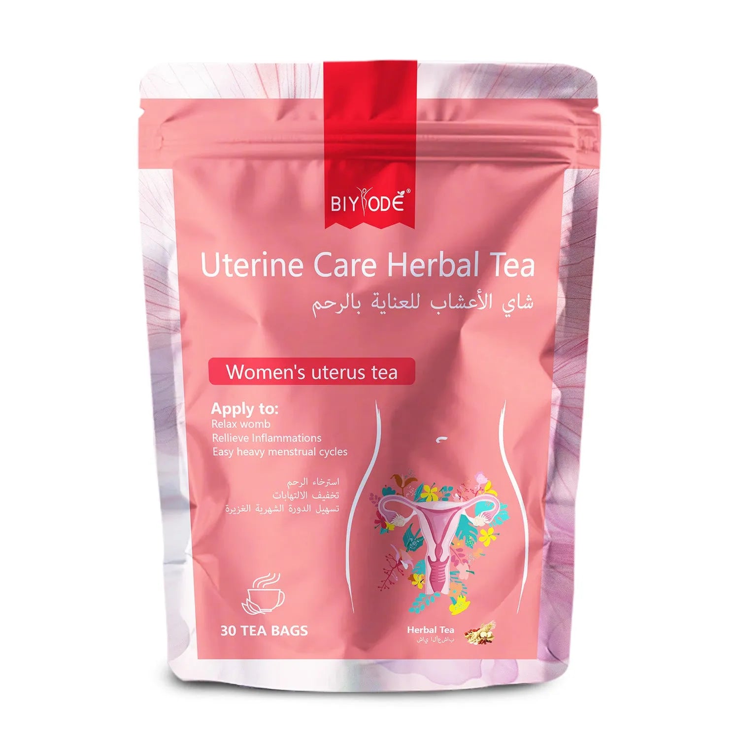 Bottle of uterine care herbal tea with 30 tea bags, GMP and HALAL certified, for women's daily wellness