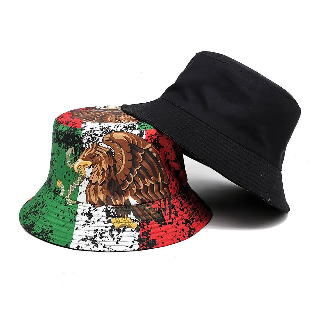 Retro style bucket hat with eagle pattern, dome crown, made from polyester fabric.