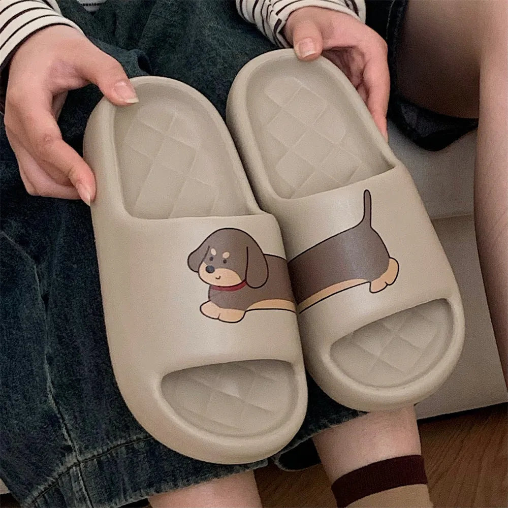 EVA couple household slippers in three colours with dog stitching print and thickening flip-flop sole.