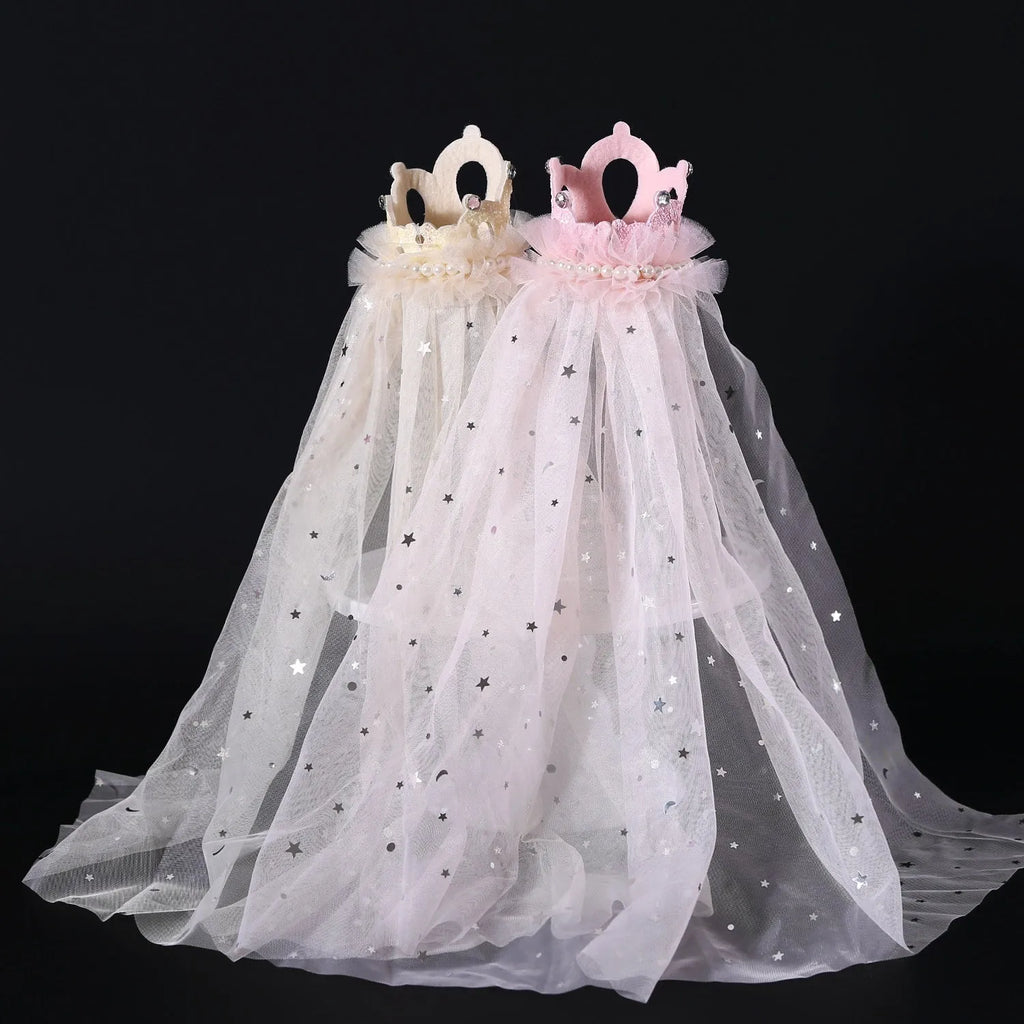 Princess crown headdress for a cat with a beige veil, pet costume accessory