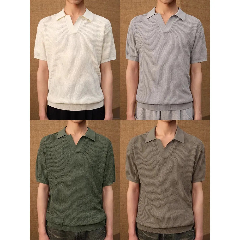 Men's loose fit polo shirt in ice silk fabric showing creamy-white, black and grey colour options