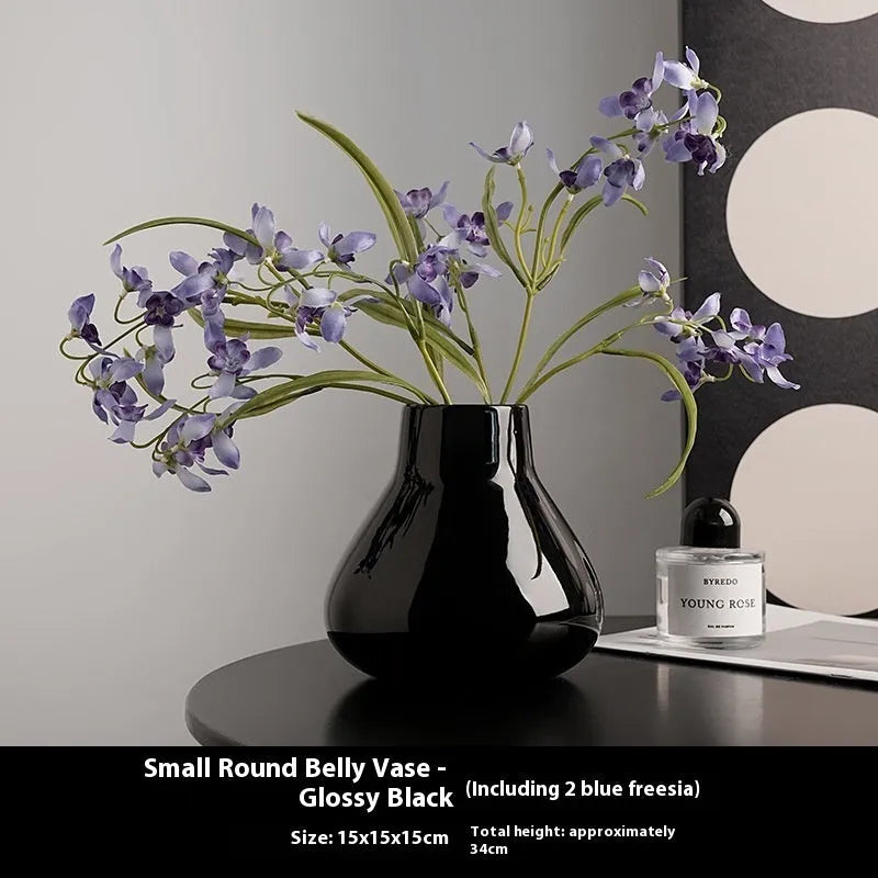 Black and white ceramic round belly French high-sense decorative vase with optional flower ornaments