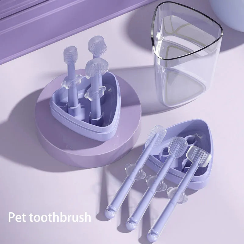 Pet toothbrush with dual silicone bristle heads in purple colour for dog and cat teeth cleaning
