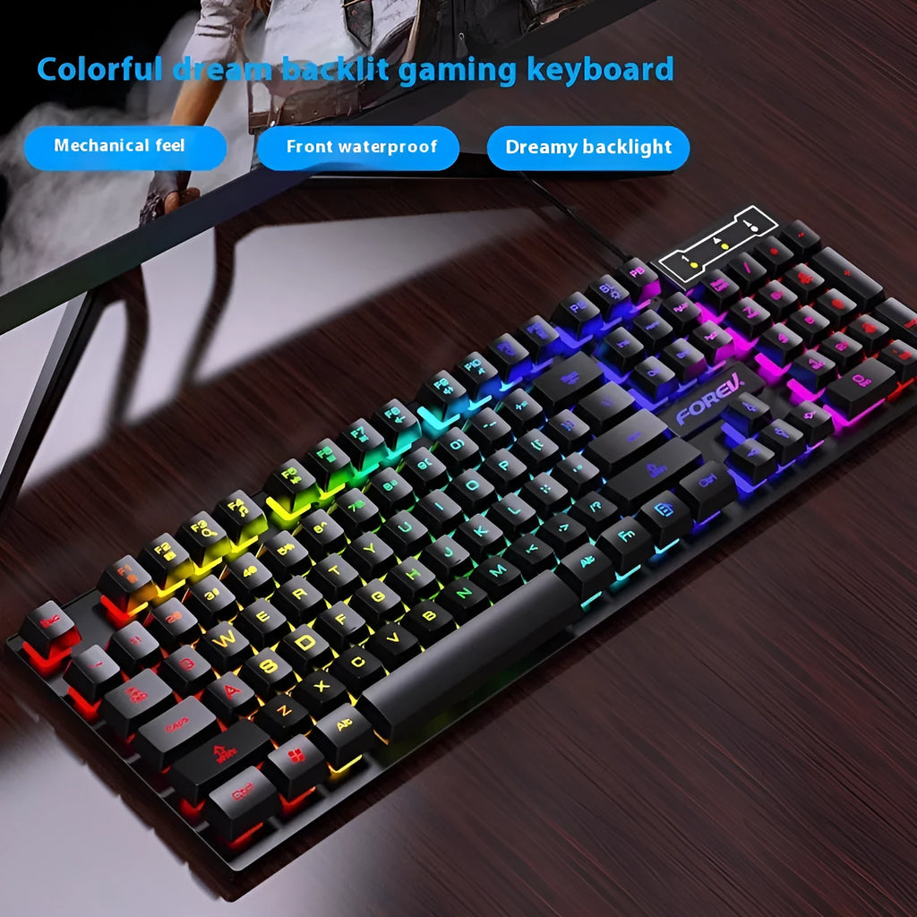 Black 104-key mechanical gaming keyboard with backlighting on desktop