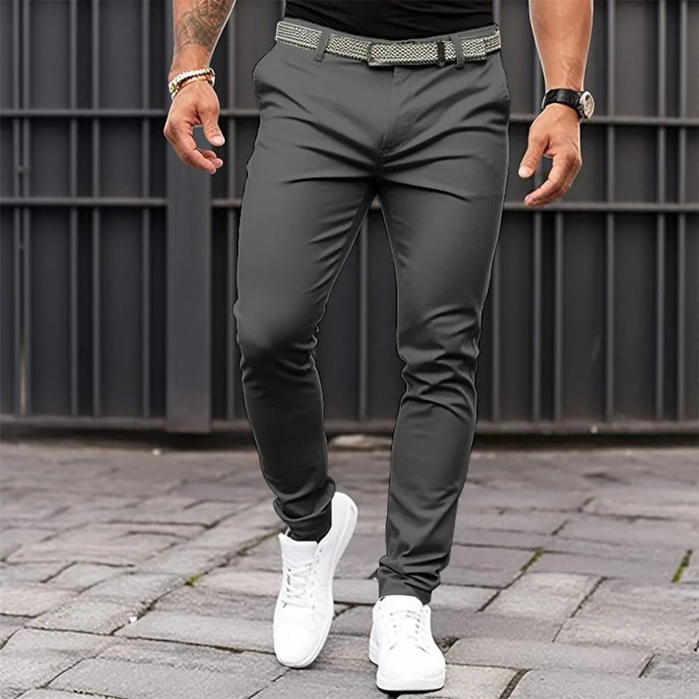 Men's pure colour slim-fit trousers in black, micro-elastic cotton blend, side pockets, mid-waist zip placket