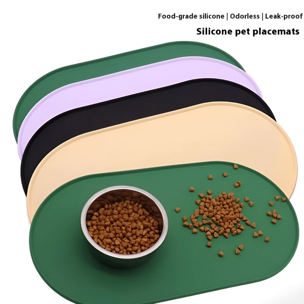 Silicone waterproof cat feeding placemat in green colour showing size dimensions