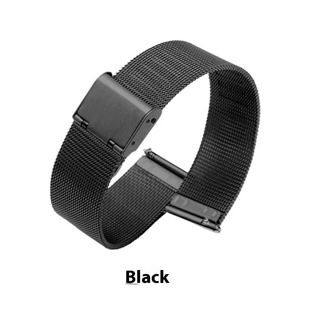 Milani silk woven stainless steel watch band replacement strap showing metallic colour finishes and different width sizes