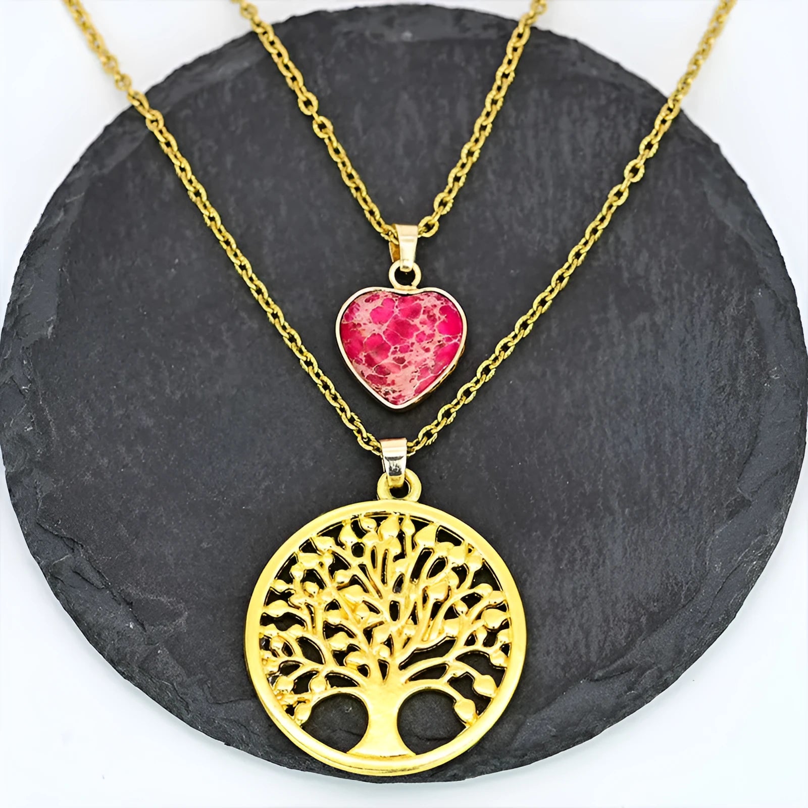 Red heart emperor stone tree of life pendant necklace on chain, 2.5cm pendant, 45cm length