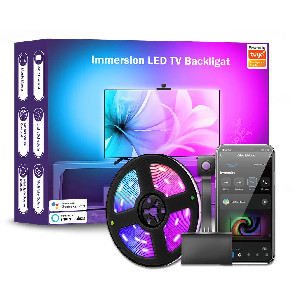 Graffiti App TV screen colour picker LED light strip with camera controller for background synchronisation behind television