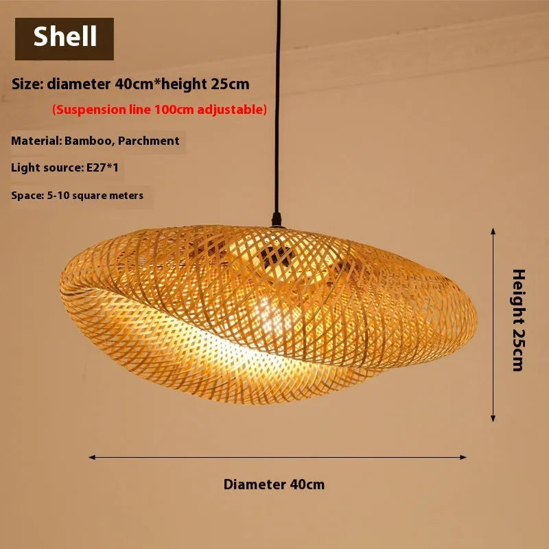 Natural bamboo chandelier with 40cm shell for Zen tea room lighting