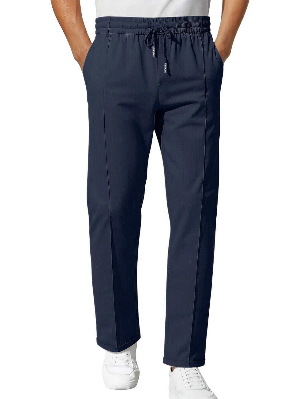 Men's slim fit drawstring trousers in solid colour polyester stretch fabric, front view