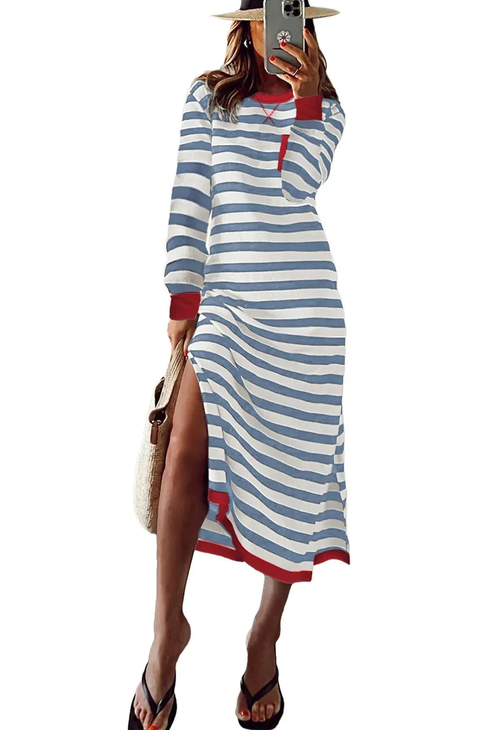 Striped long sleeve dress with contrast edge in Rose Stripe colour on display