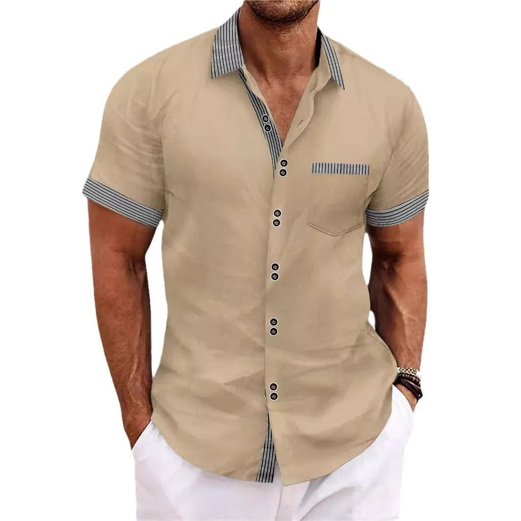 Man's slim fit striped short sleeve casual shirt in pure cotton, showing double button placket.