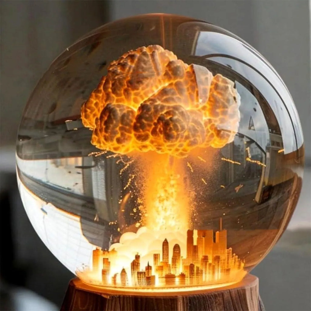 Close-up of a 3D atomic bomb explosion lamp in resin with hand-painted details, showing a mushroom cloud shape on a desk