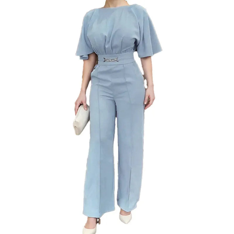 Blue men's two-piece polyester suit with jacket and trousers on a hanger