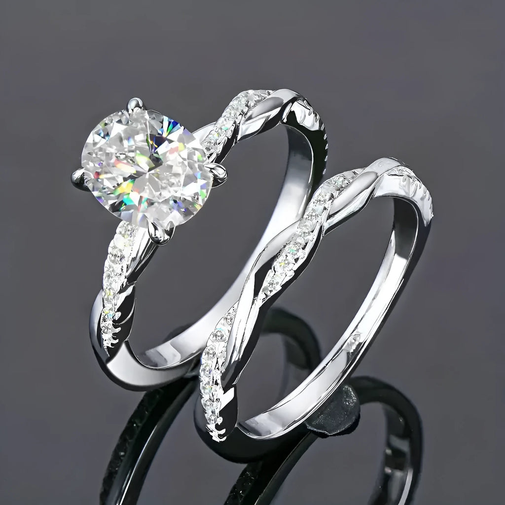 Classical zircon simple ring two-piece wedding set copper white gold colour geometric ellipse design