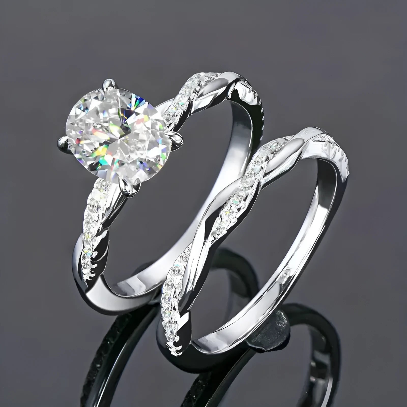 Classical zircon simple ring two-piece wedding set copper white gold colour geometric ellipse design
