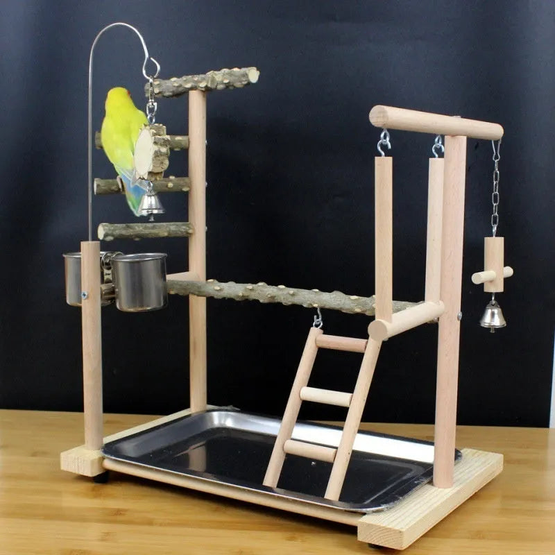 Pepper wood parrot toy stand with a textured bird perch and flat platform for small parrots.