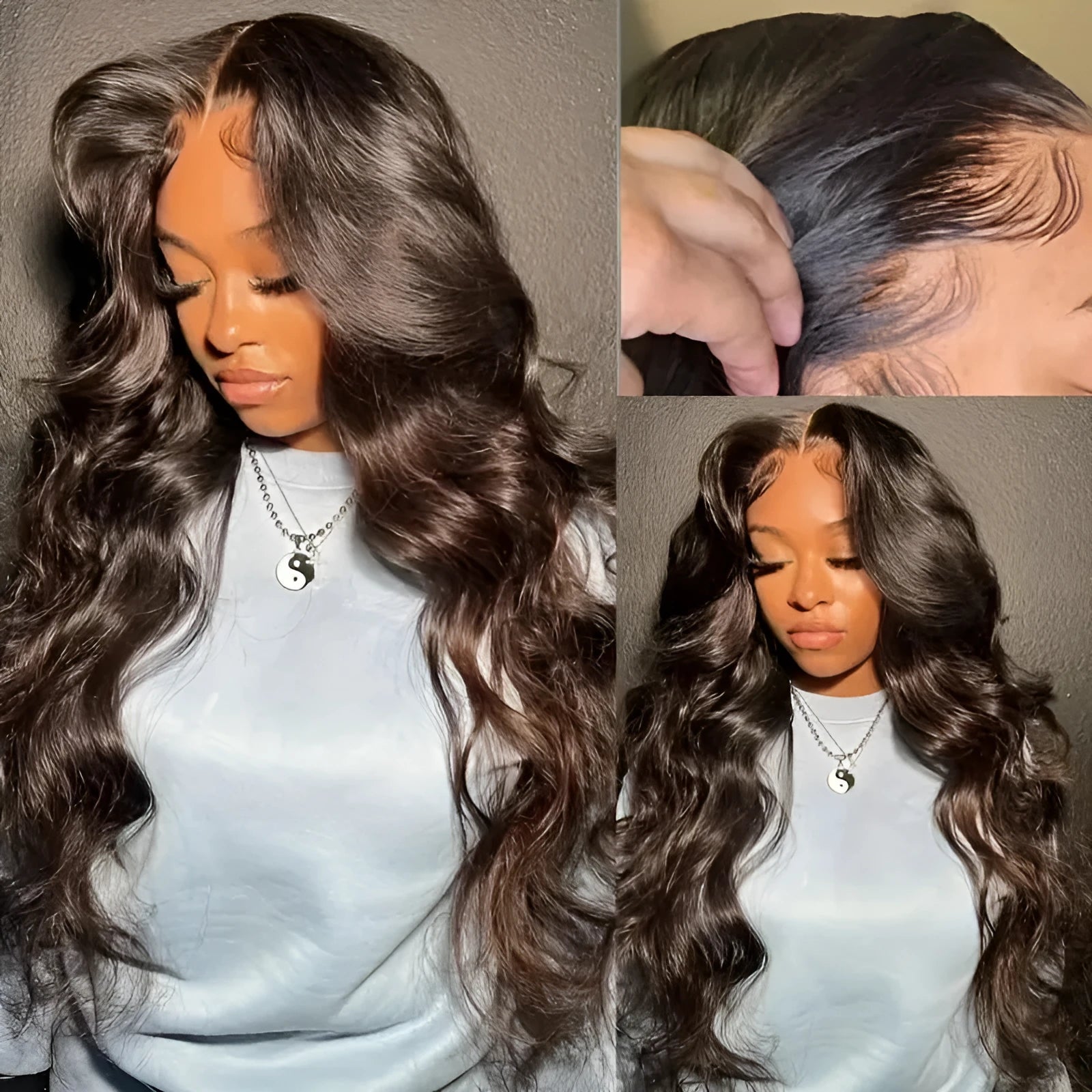 Women's long curly dark brown synthetic front lace wig with side fringe, shown on a model.