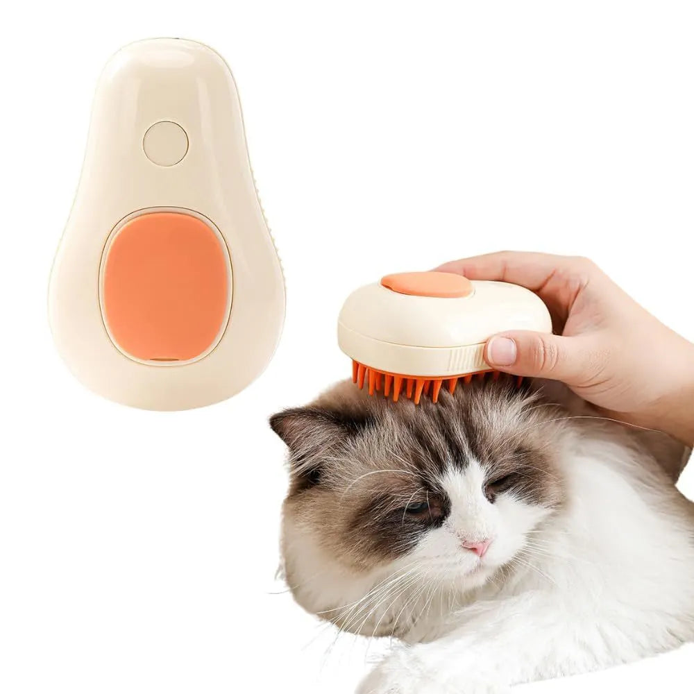 Green and white cat steam brush with water spray feature and silicone teeth for pet grooming
