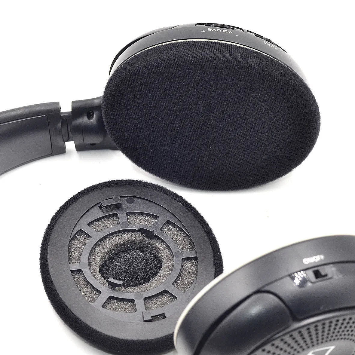 Replacement velvet earmuff cushions with snap-on sponge tips for SENHAI Sennheiser RS 120 headphones