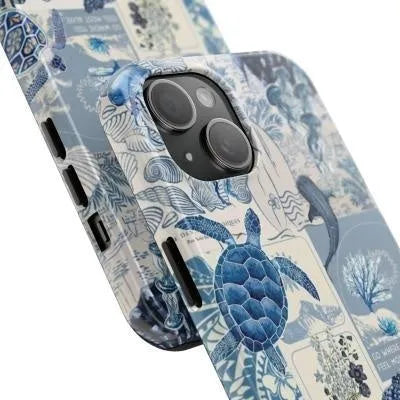 Creative minimalist marine bio printed phone case in white, double-layer feilin film shell for iPhone 11 to 16