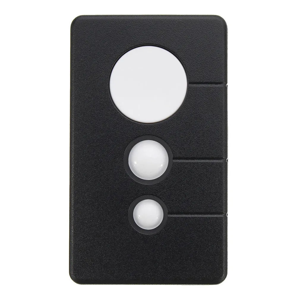 Black plastic three-button LiftMaster garage door remote control with green key, showing front view.