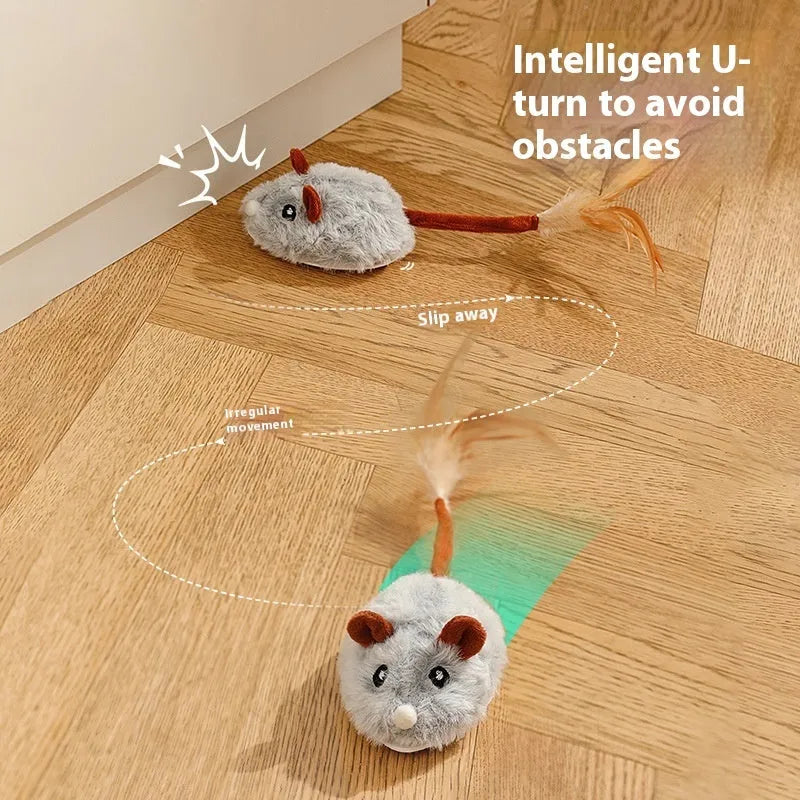 Electric cat toy with a plush mouse on a pole, shown in pink, grey, and purple colour options.