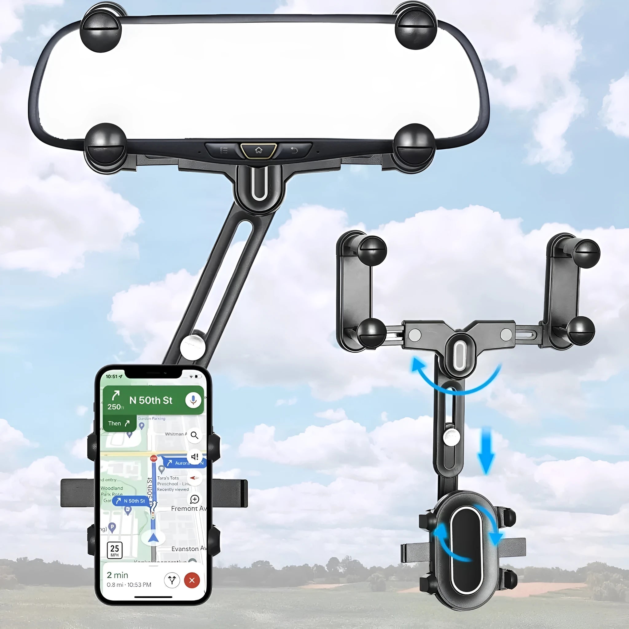 Car rearview mirror bracket ABS universal phone holder with clip-on and folding rod style