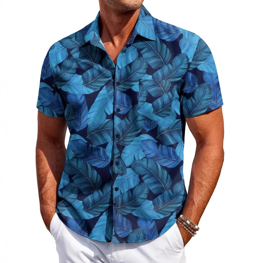 Man wearing a slim fit short sleeve Hawaiian shirt in a solid colour