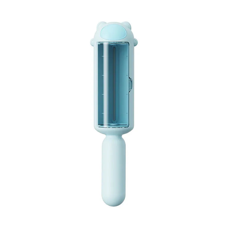 Blue reusable pet hair remover roller with self-cleaning base for furniture and car seats.