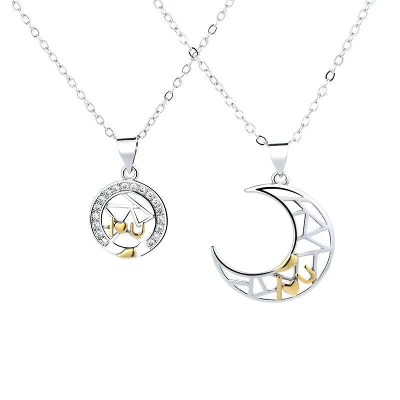 Sun and moon couple necklace with copper pendants on cross chain for matching jewellery