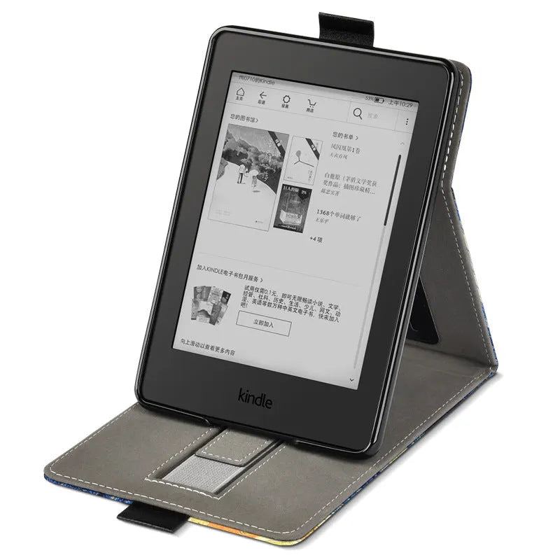 Handheld protective case for a 6-inch Kindle Paperwhite, showing TPU construction and integrated brackets.