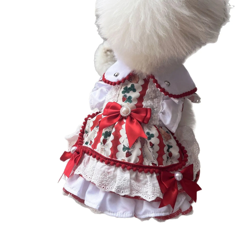 Polyester rabbit skirt princess dog dress shown on a small dog, with size chart for XS S M L XL.