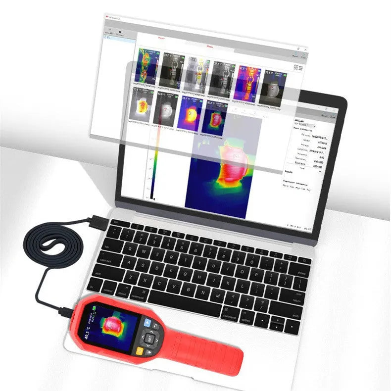 UTi series handheld infrared thermal imager with display screen showing a thermal image.