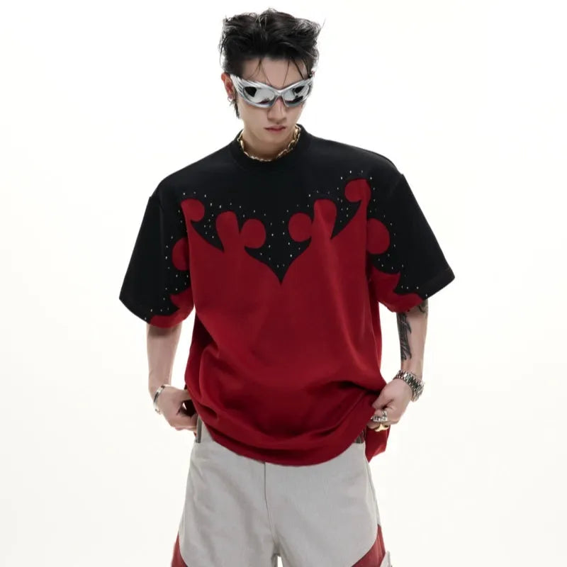 Men's grey cotton shirt with burnt flower embroidery and rhinestone details on the front.