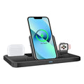 Black ABS plastic three-in-one charging base holding a mobile phone and tablet with cable attached