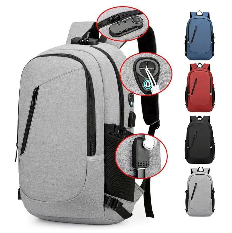 Oxford cloth casual backpack in blue, open to show interior, with a laptop inside.