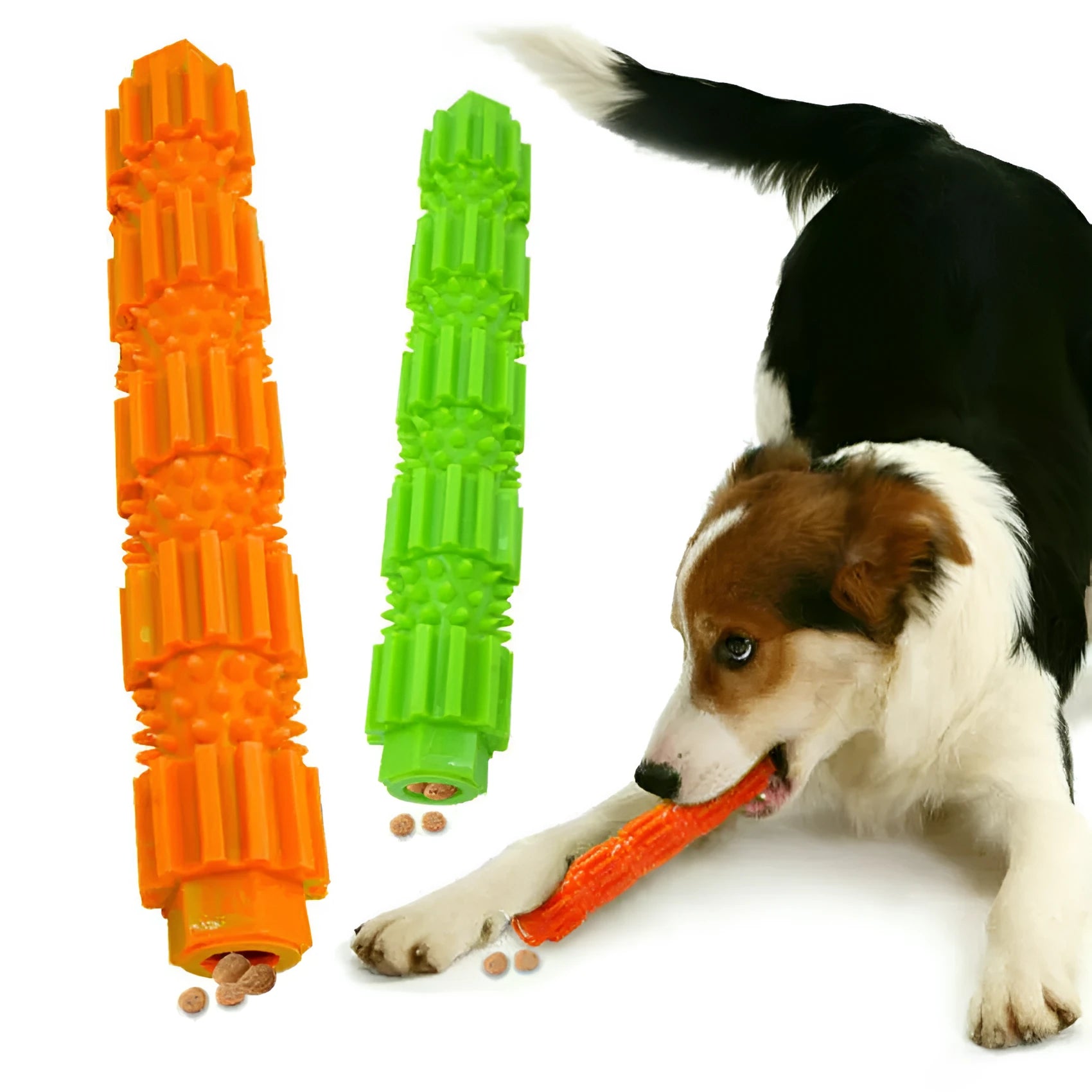 Green and orange rubber dog chew toy for aggressive chewers with treat dispensing feature
